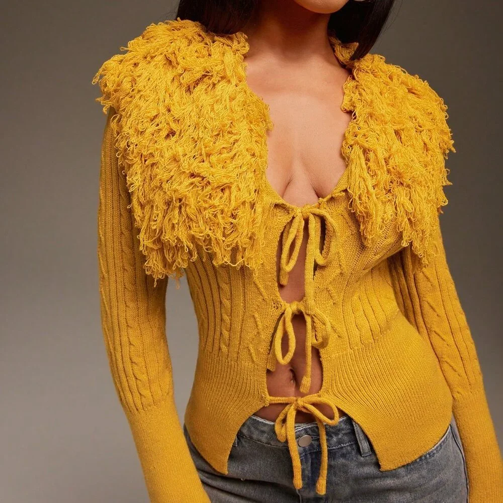 Yellow Casual Women's Fringe Detail Open Front Sweater Cardigan - Picture 7 of 7